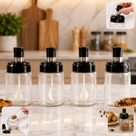Transparent Spice Jar Set with Spoon – Airtight 4-Pc Container