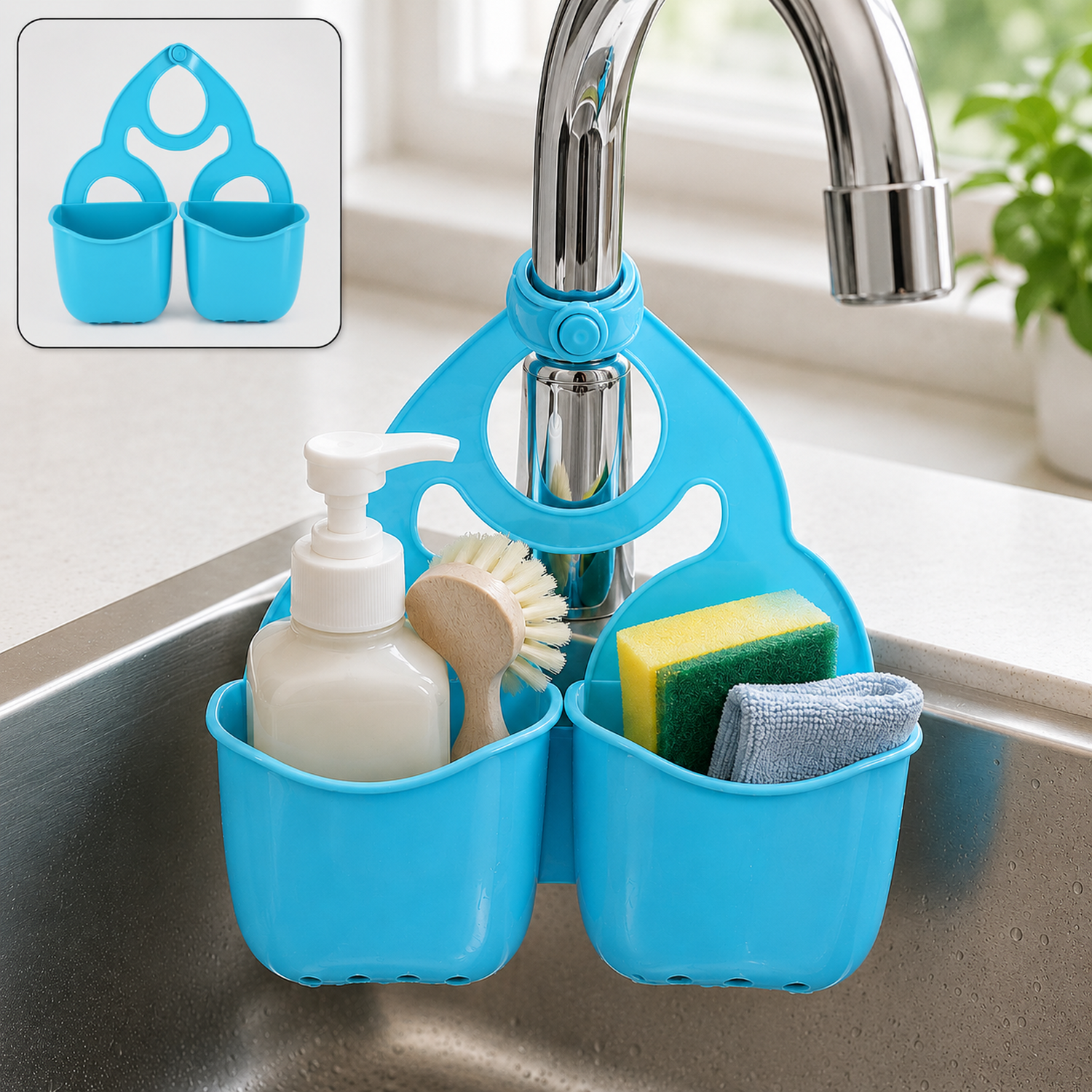 A blue plastic sink caddy hangs on a faucet, holding soap, a brush, a sponge, and a cloth above a stainless steel sink. A