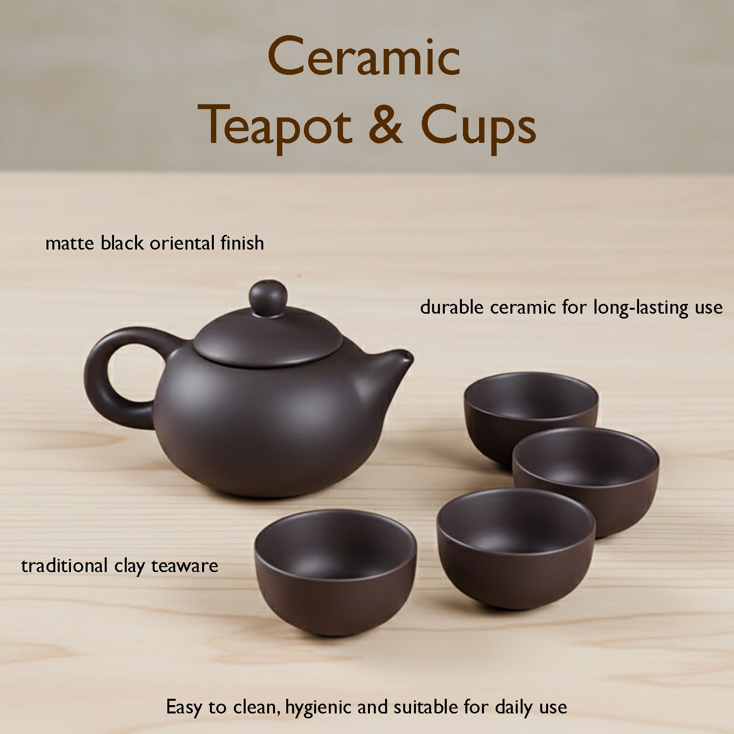 Premium Black Clay / Ceramic Tea Set with Teapot & 4 Cups