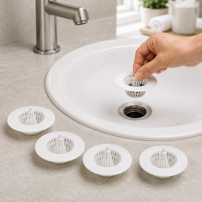 A hand inserts a white plastic sink drain strainer into a white ceramic sink with a brushed nickel faucet.