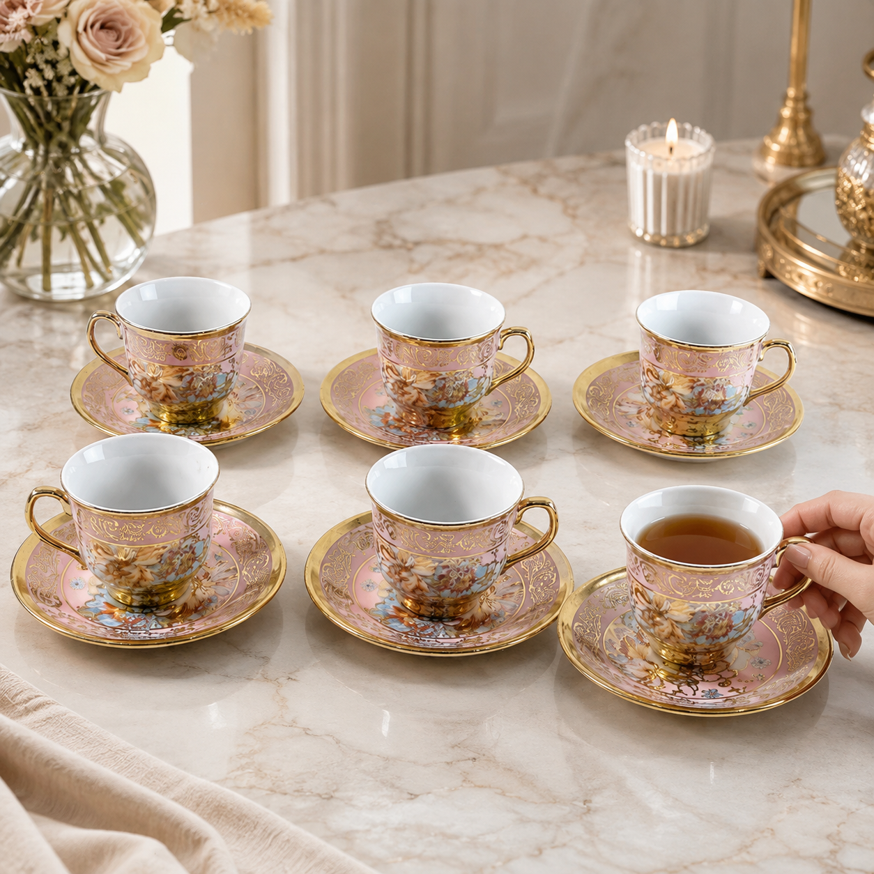 Floral Porcelain Tea Cup and Saucer Set – Elegant Gold Detailing