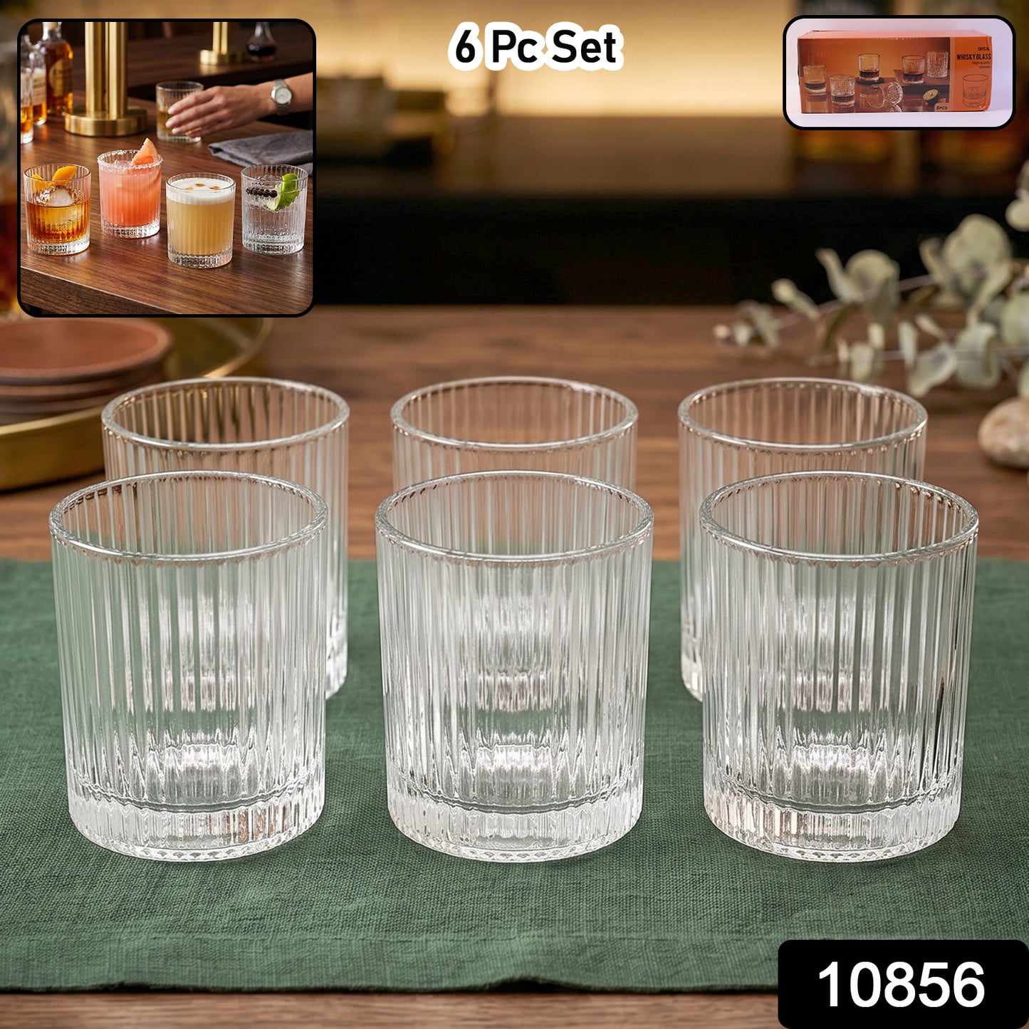 Six Premium Ribbed Crystal Glass Tumblers