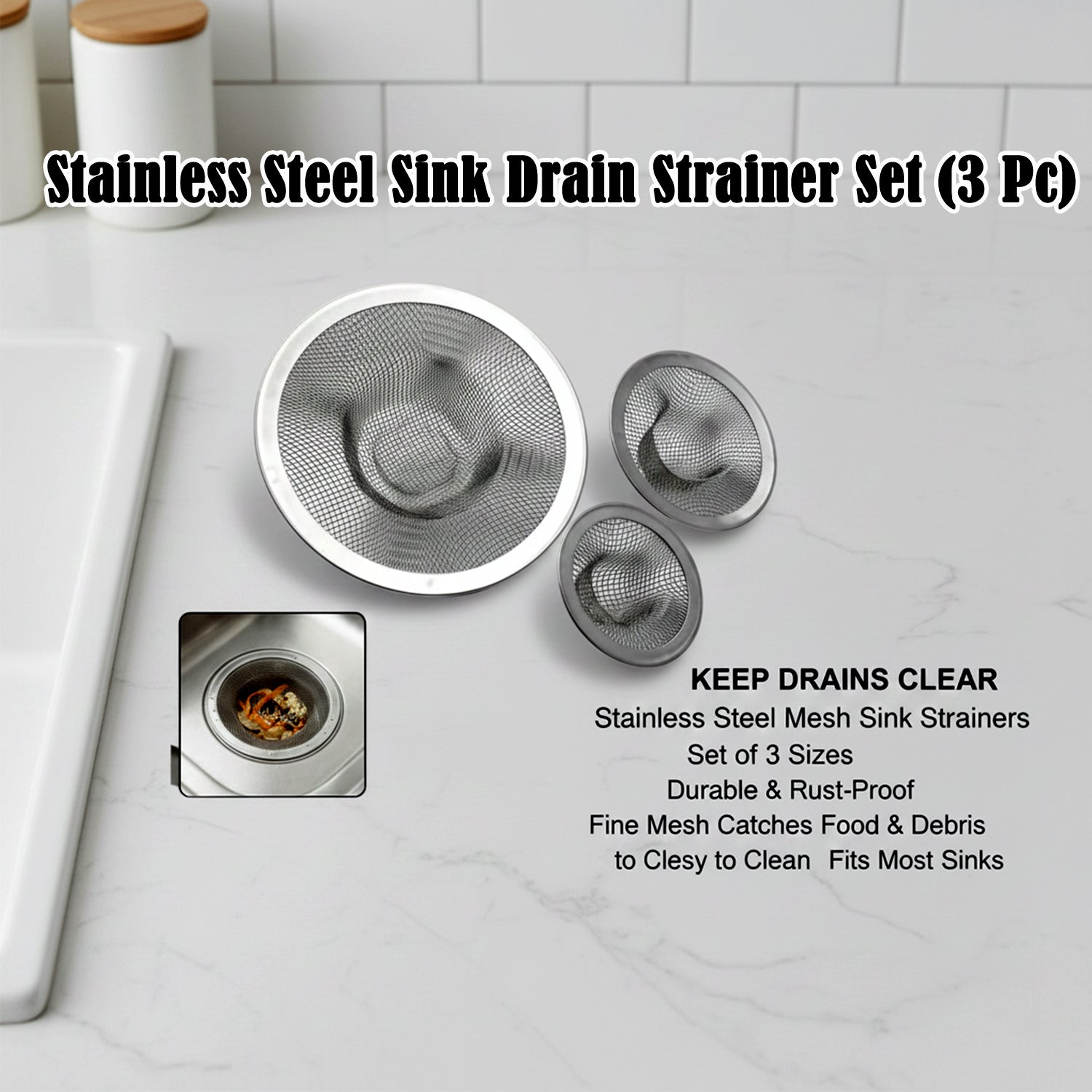 Stainless Steel Sink Drain Strainer Set (3 Pc)