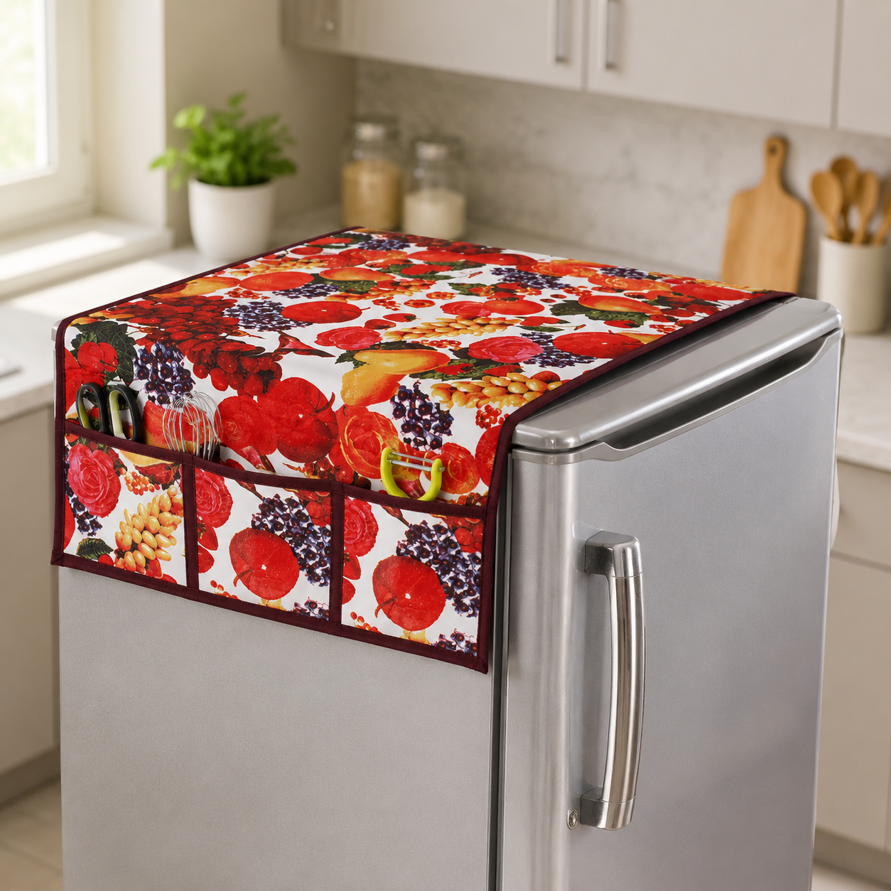 A vibrant fruit-patterned refrigerator top cover with side pockets, holding kitchen tools, on a silver fridge in a kitchen.