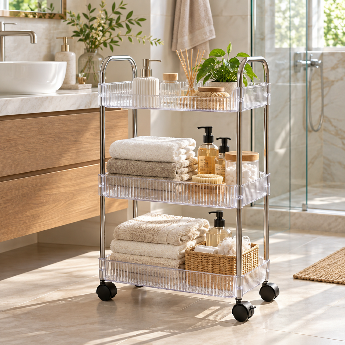 Multipurpose Storage Trolley – Space-Saving Organizer with Wheels — 10896_3layer_tran_storage_organizer_trolley_n_wheel showcase image