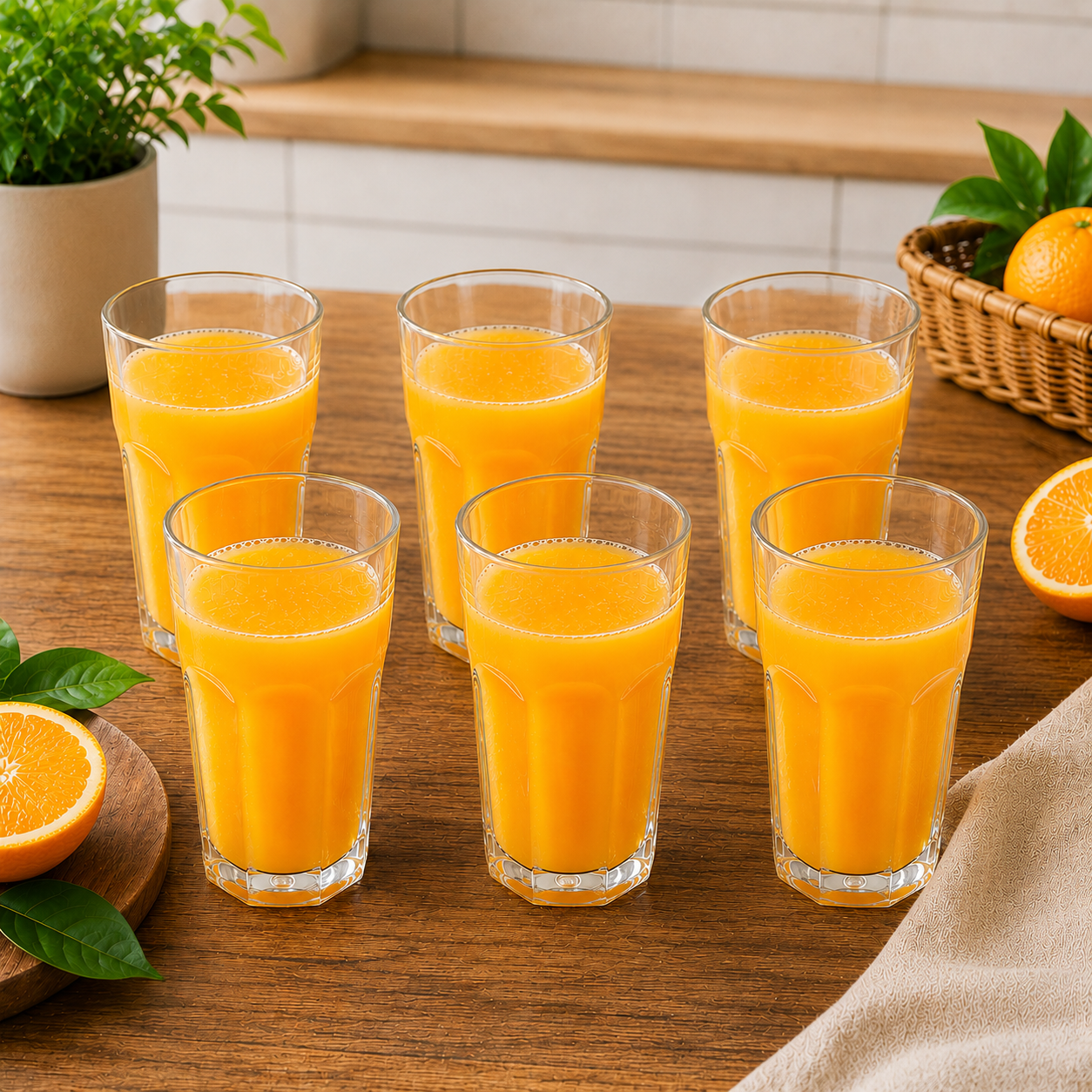 Six clear glasses filled with orange juice on a wooden table with oranges and a plant.