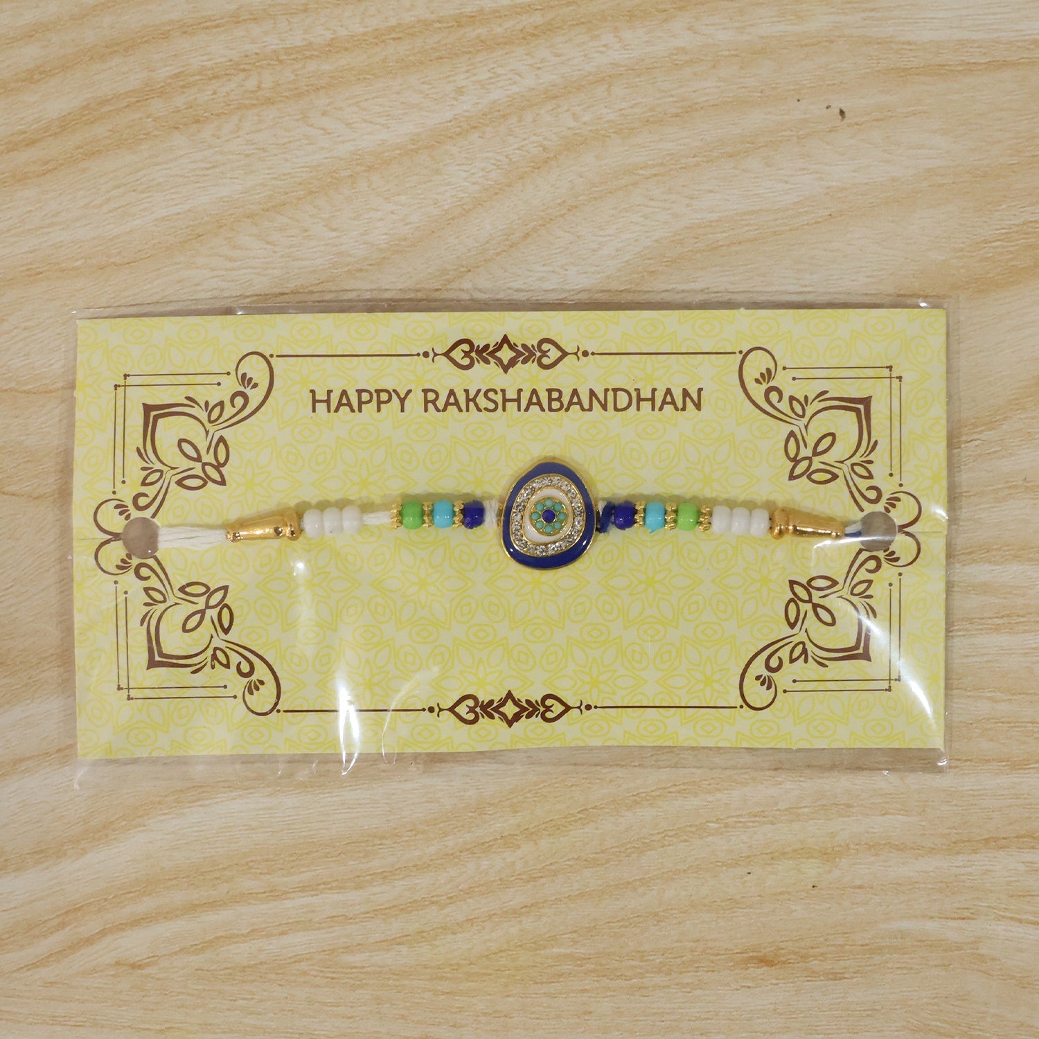 Evil Eye Round Kundan Diamond Rakhi tied in a knot
