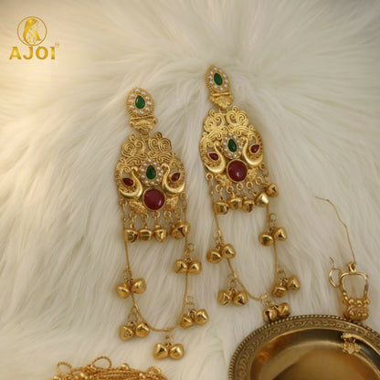 Green & Ruby Stone Kashmiri Traditional Gold-Plated Ghungroo Earrings For Women And Girls.
