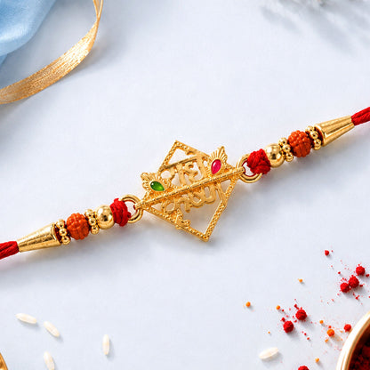 Radhe Krishna designer rakhi with red thread, front view, festive design for Raksha Bandhan