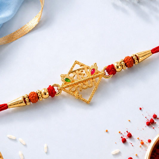 Radhe Krishna designer rakhi with red thread, front view, festive design for Raksha Bandhan