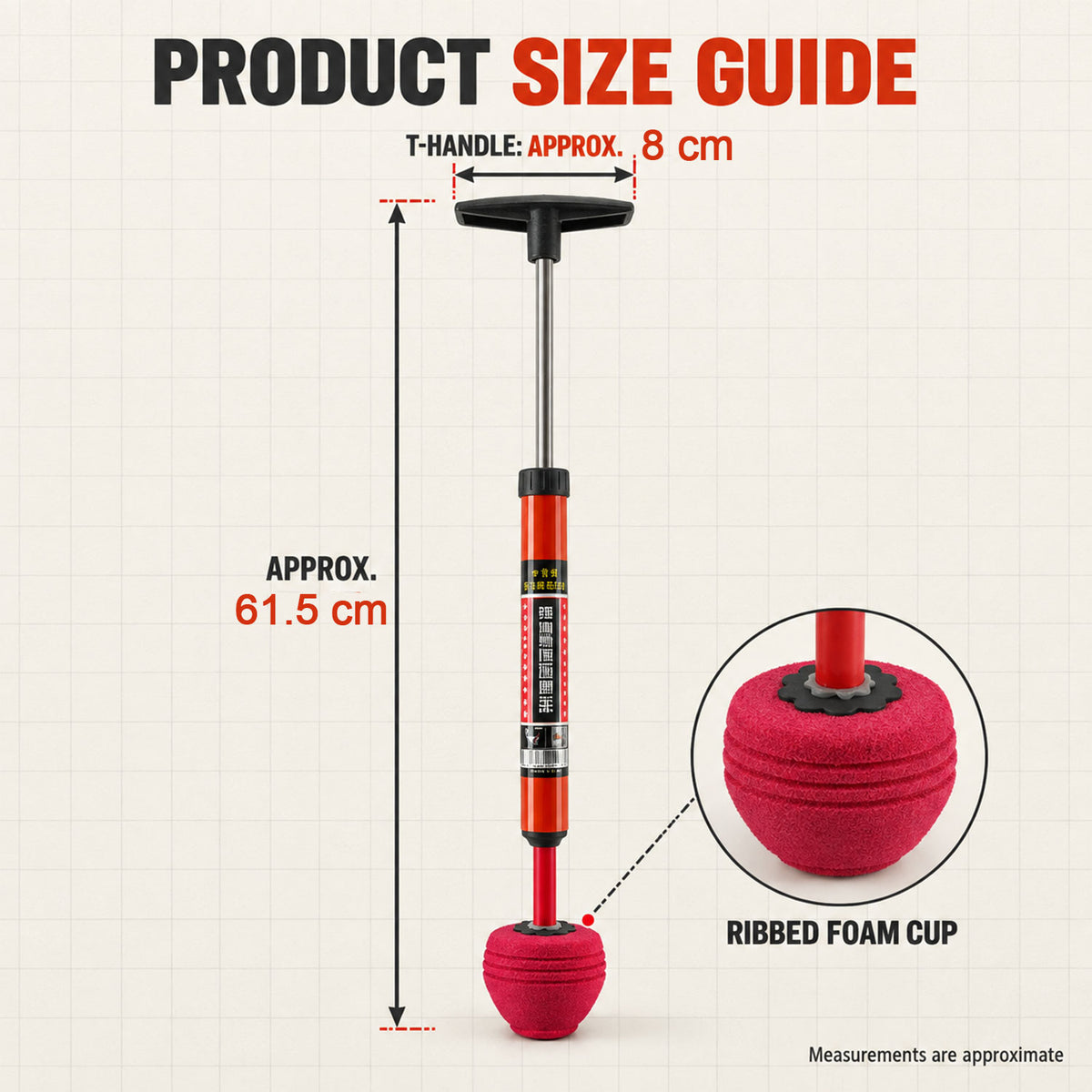A diagram shows the orange and red pump plunger with dimensions and a close-up of the ribbed foam cup.