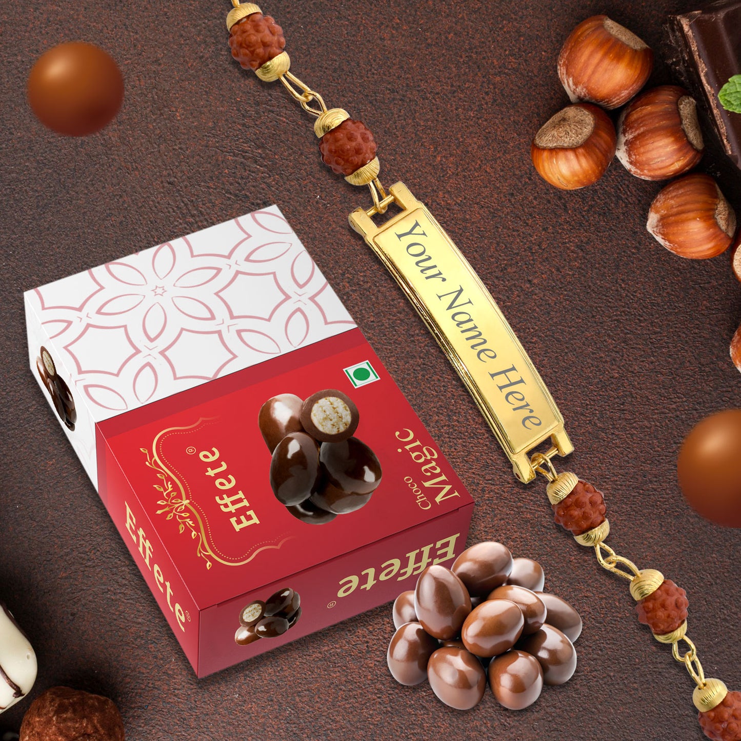 A personalized bracelet gift set with a custom engraved bracelet and delicious chocolates, perfect for gifting.