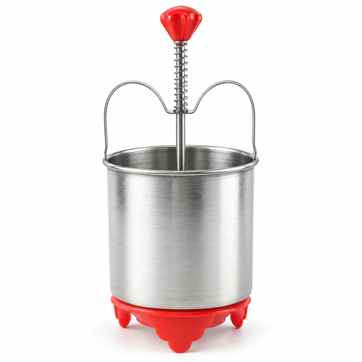 A stainless steel medu vada maker with a red handle and red base is shown against a plain white background.