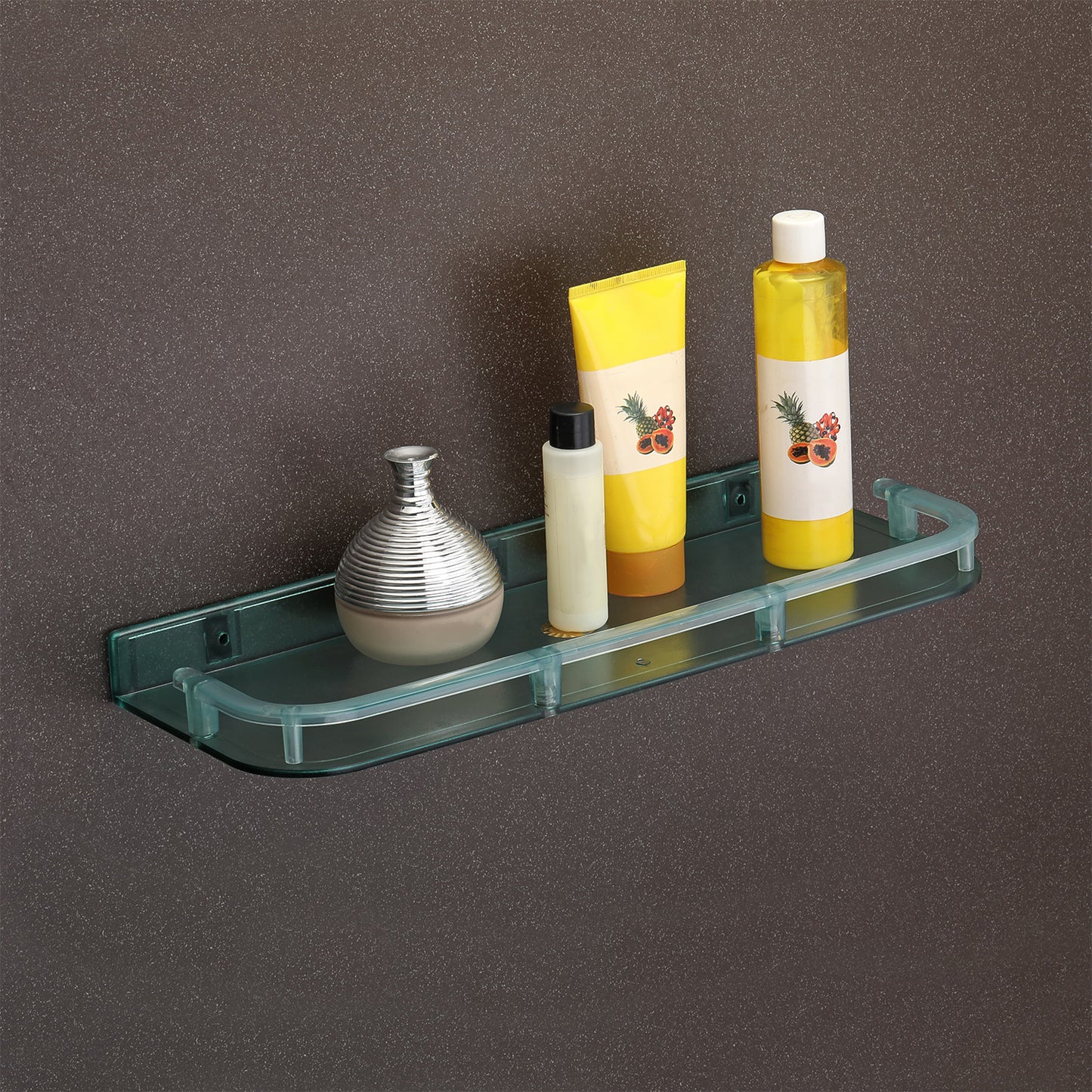 Side view of transparent wall mounted stand with device