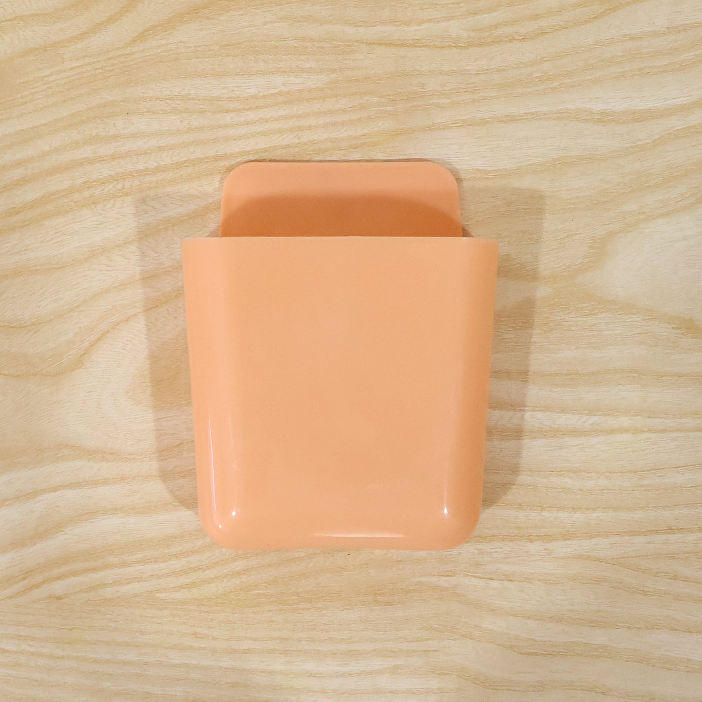 Wall mounted storage pocket holding remote control and mobile phone