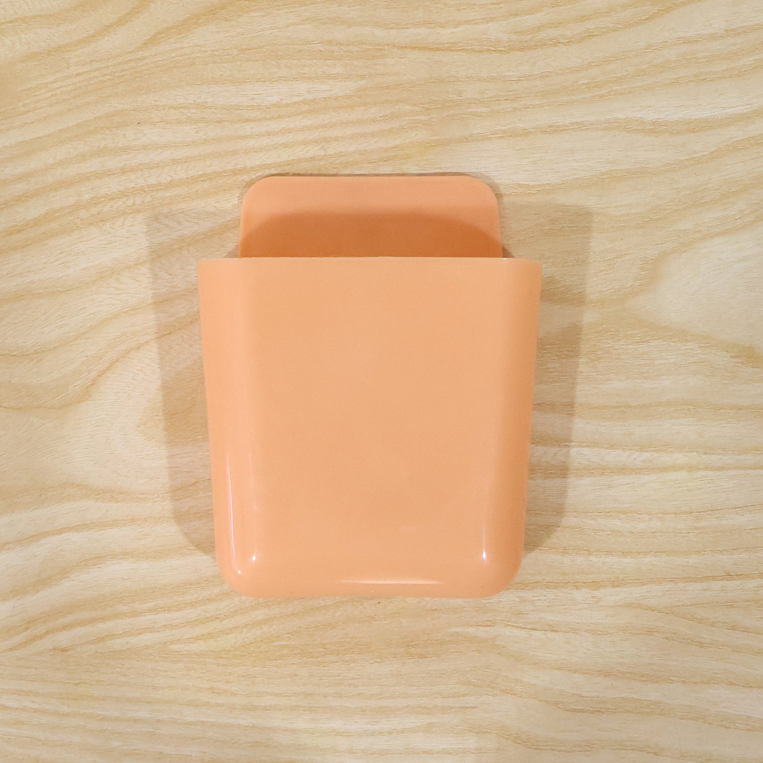 Wall mounted storage pocket holding remote control and mobile phone