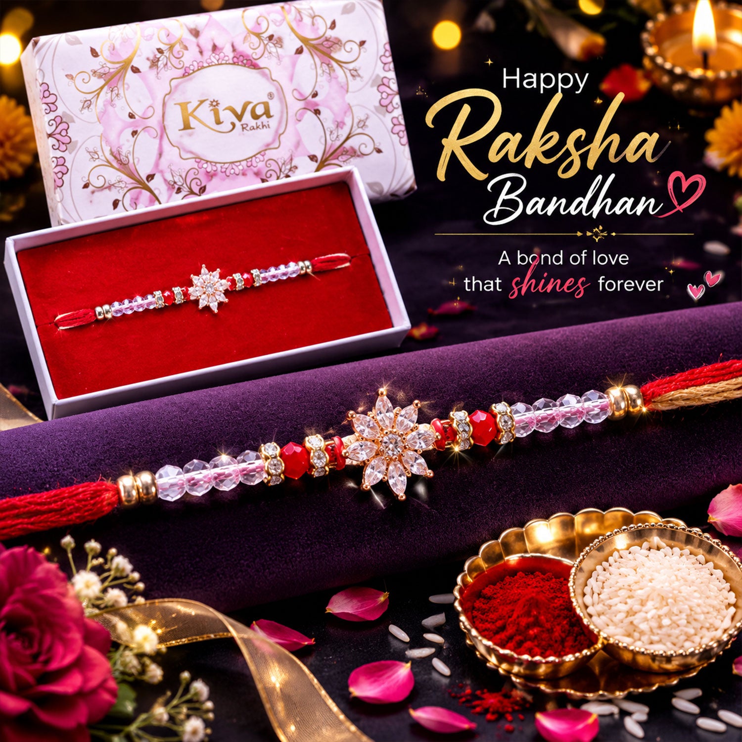 Sparkling AD Sunflower Star Designer Rakhi for Brother, Crystal Beads