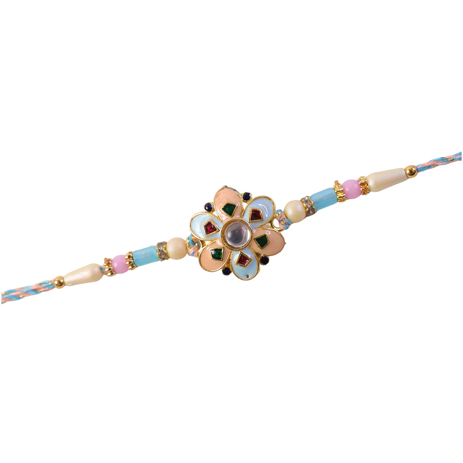 Eight Petal Floral Kundan Pendant Rakhi with Pastel Beads