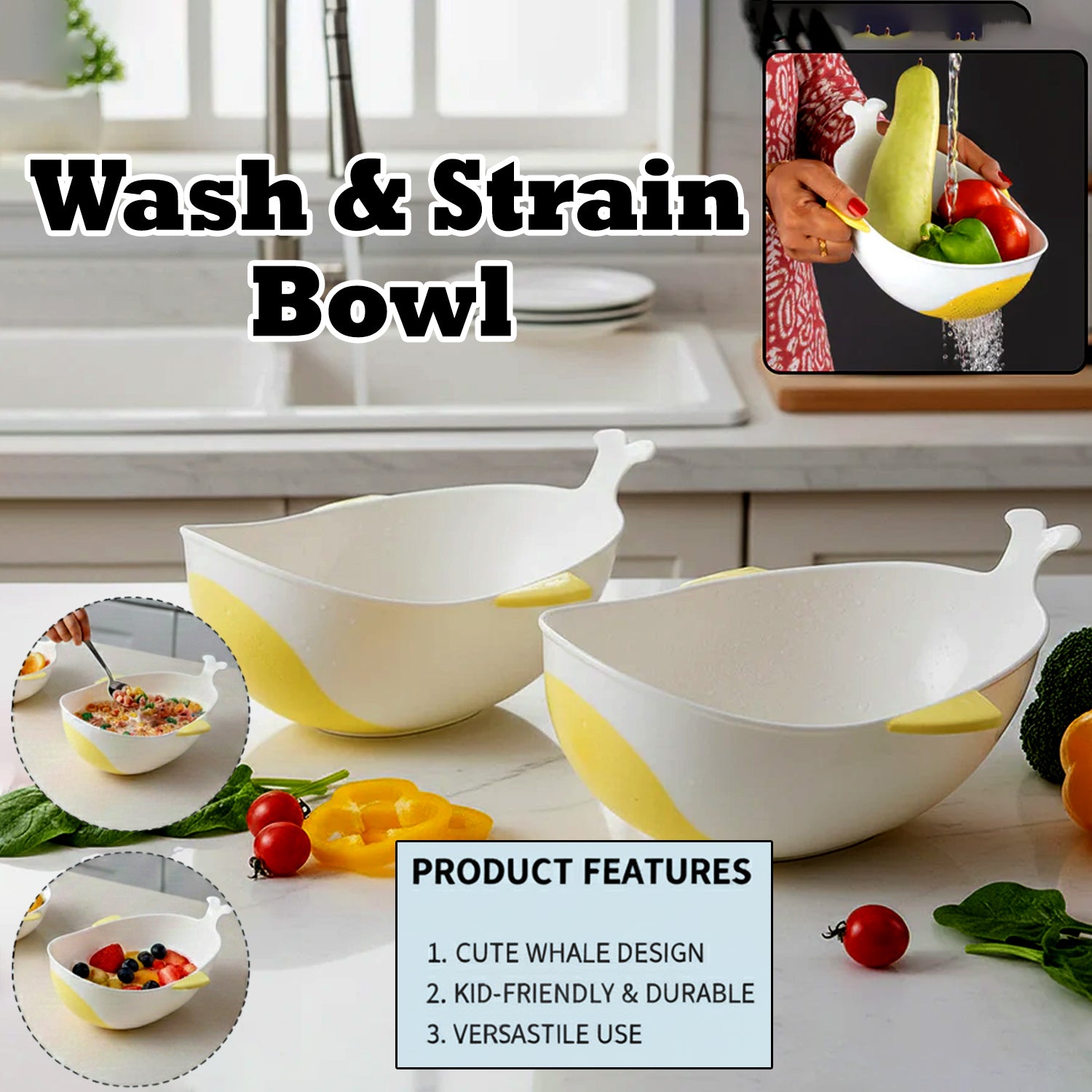 Plastic Rice Pulses Fruits Vegetable Noodles Pasta Washing Bowl and Strainer (2 Pc)