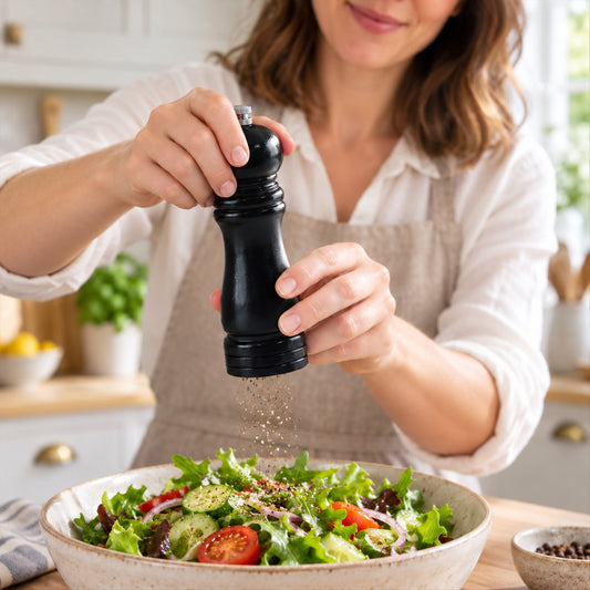 A woman in a white shirt and apron grinds black pepper onto a fresh green salad in a bowl.