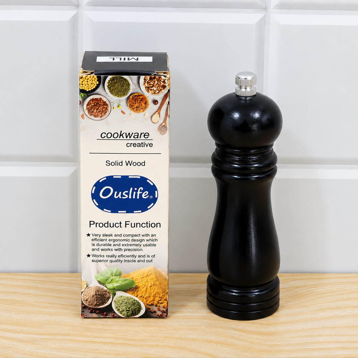 Wooden pepper grinder kitchen use