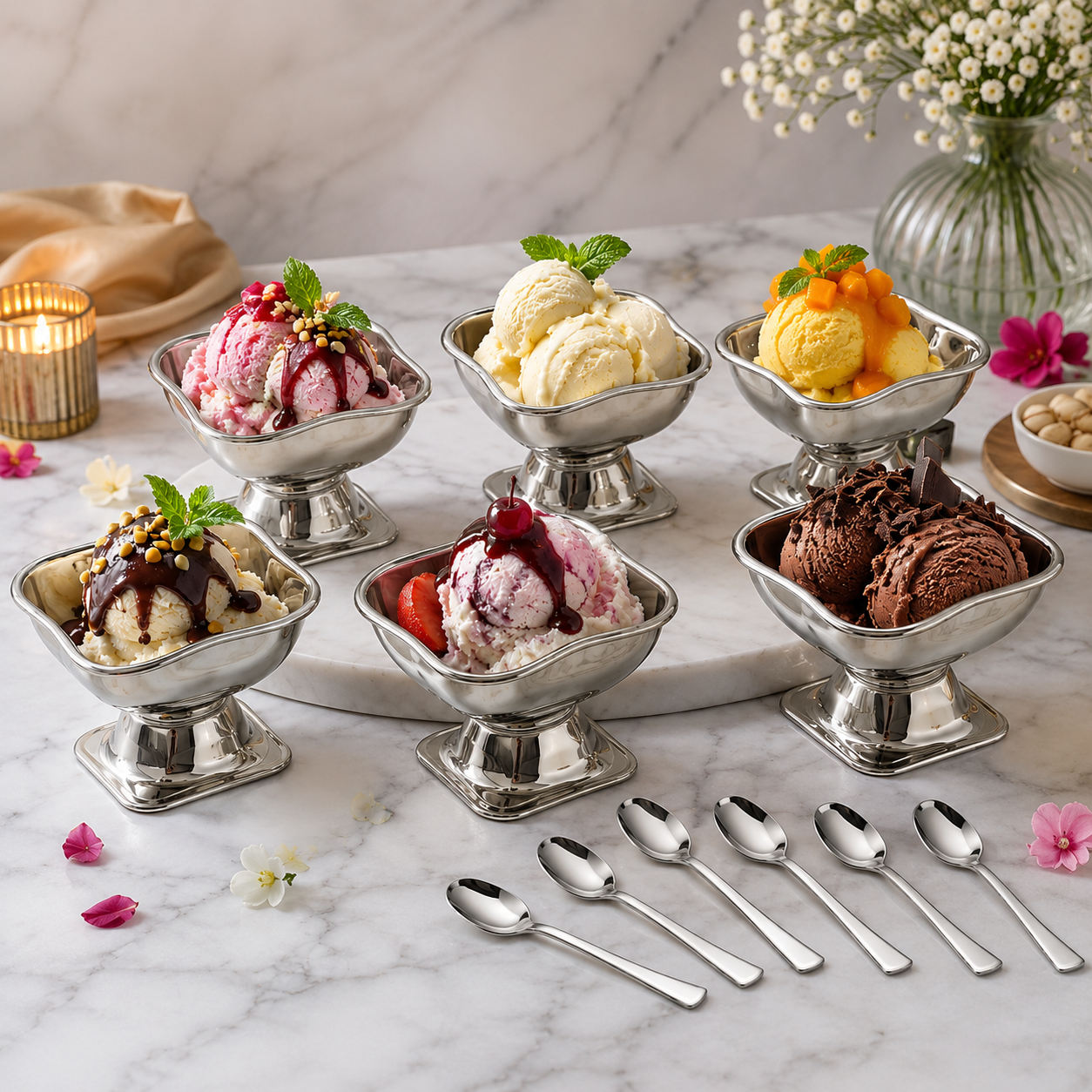 Stainless Steel Ice Cream Cup Set – Elegant 6-Piece Dessert Bowls