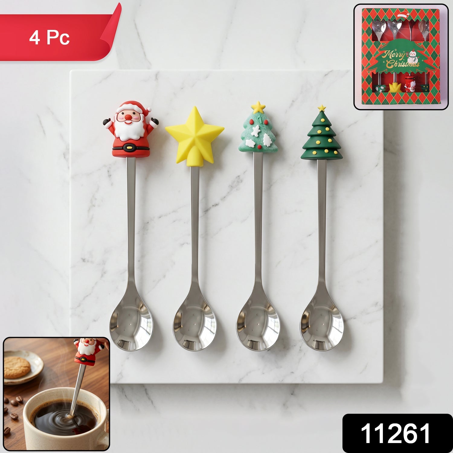 Golden Cartoon Spoon Set with Gift Box Steel Dessert Coffee Tea Spoons (4 Pc Set)