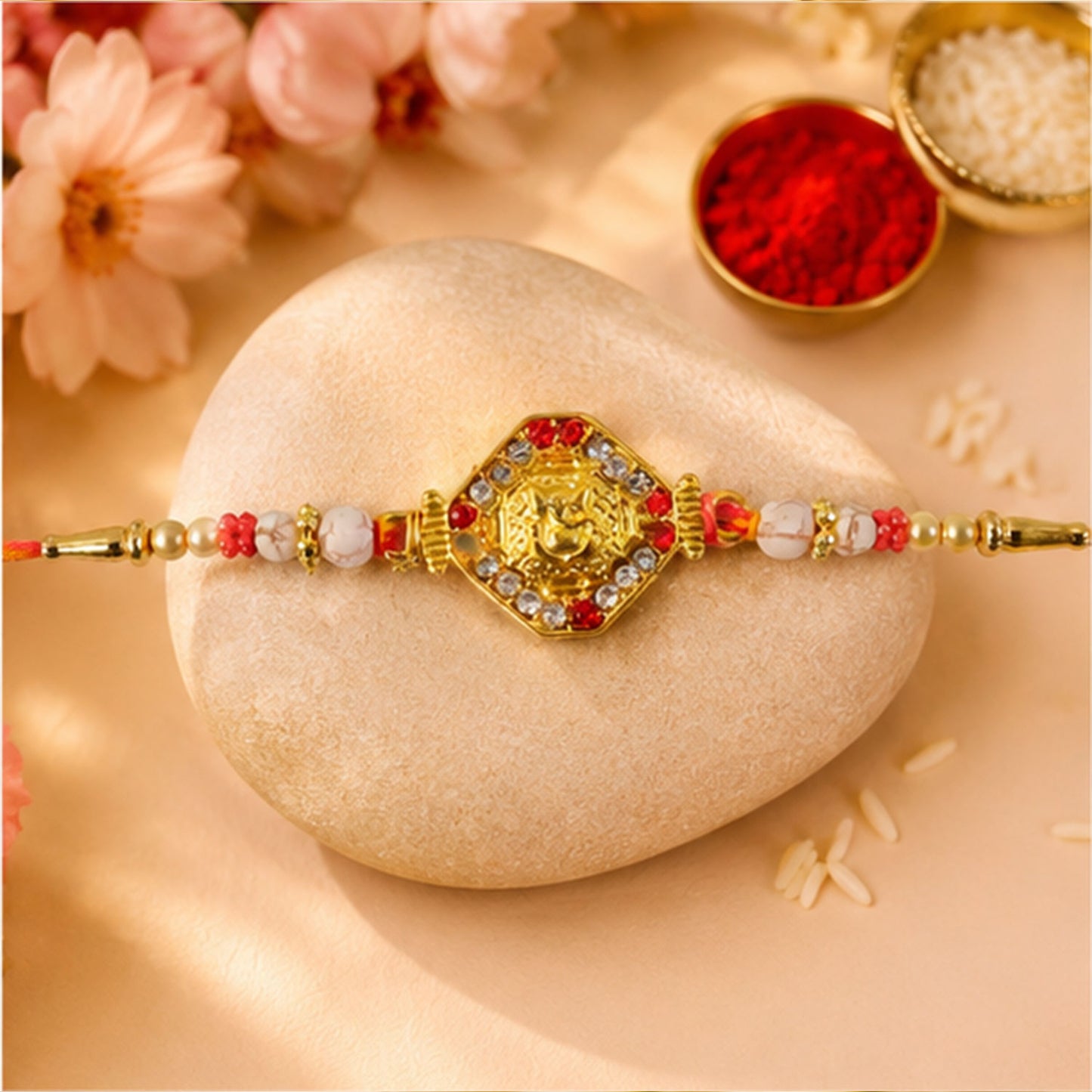Ganesh Rakhi with Golden Beads and Red-Yellow Thread