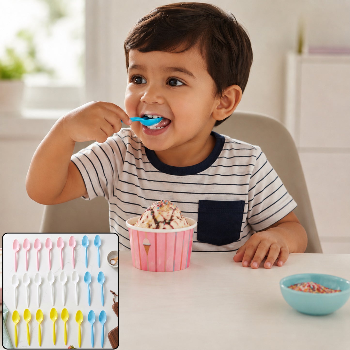 Multicolor disposable plastic spoons in use