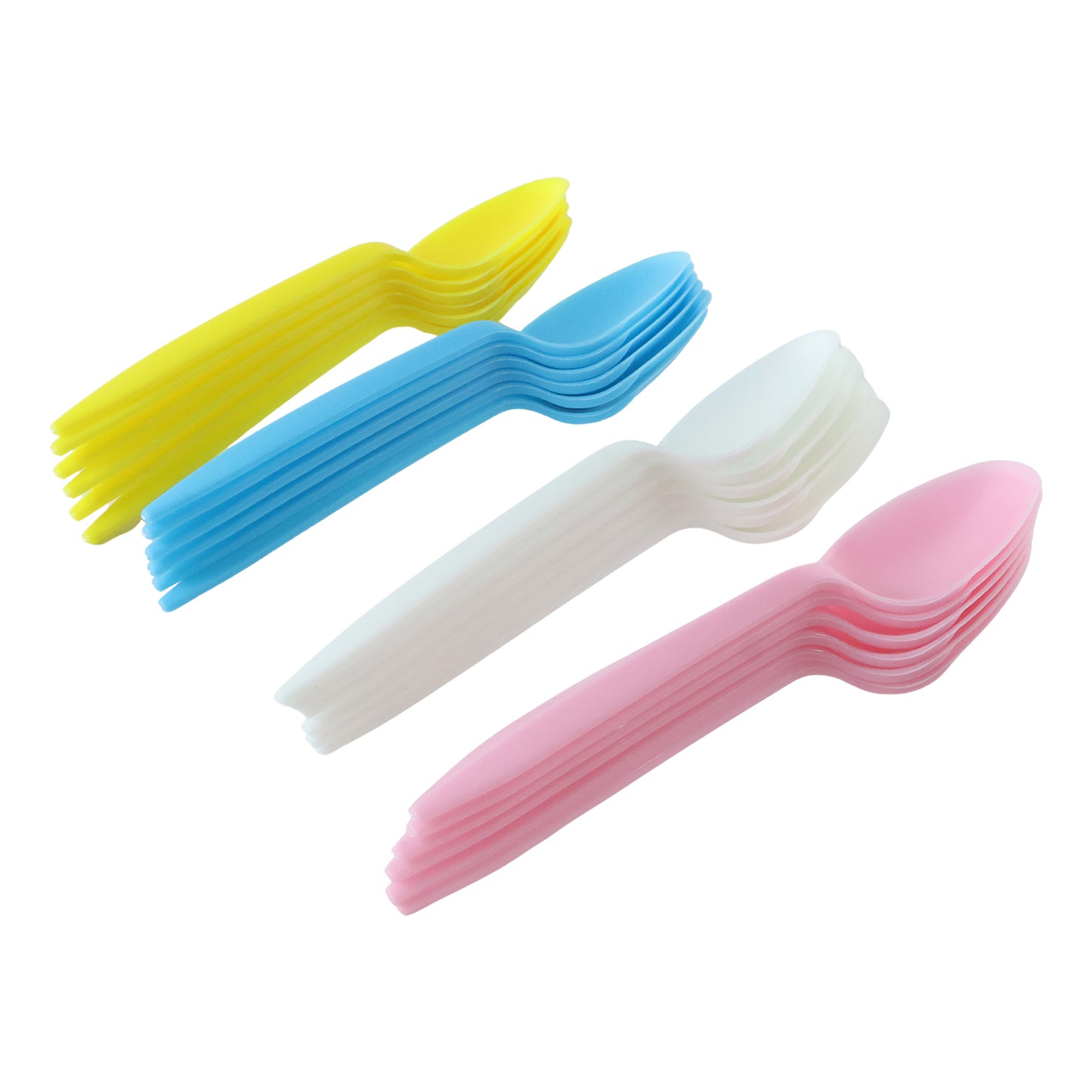 Disposable plastic spoon set on white background