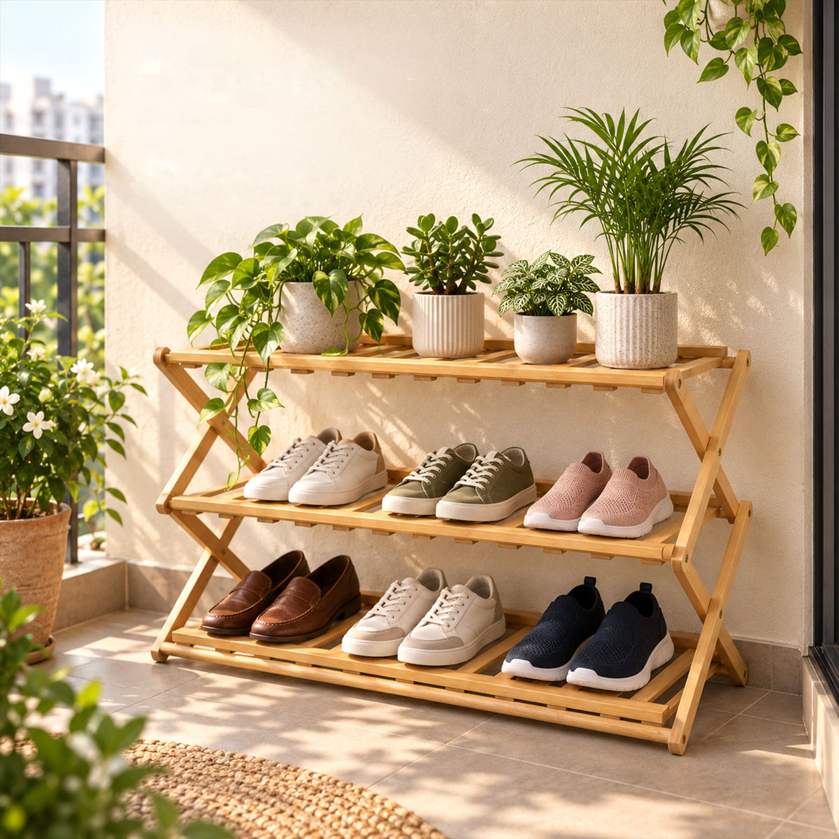 Foldable three layer bamboo storage rack - main photo