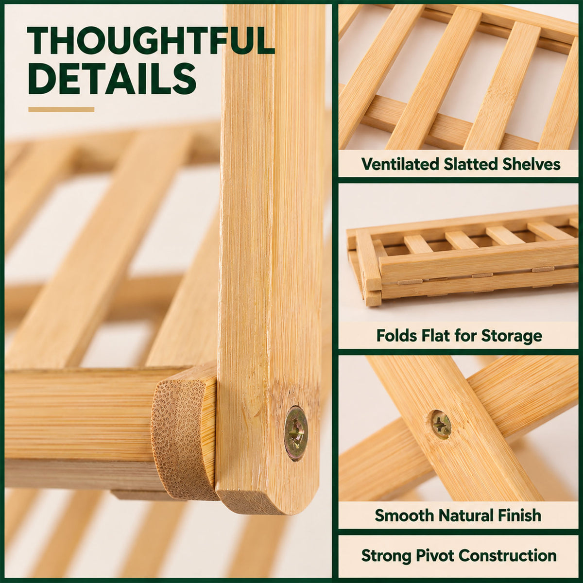 Foldable three layer bamboo storage rack - slatted shelves and folding details