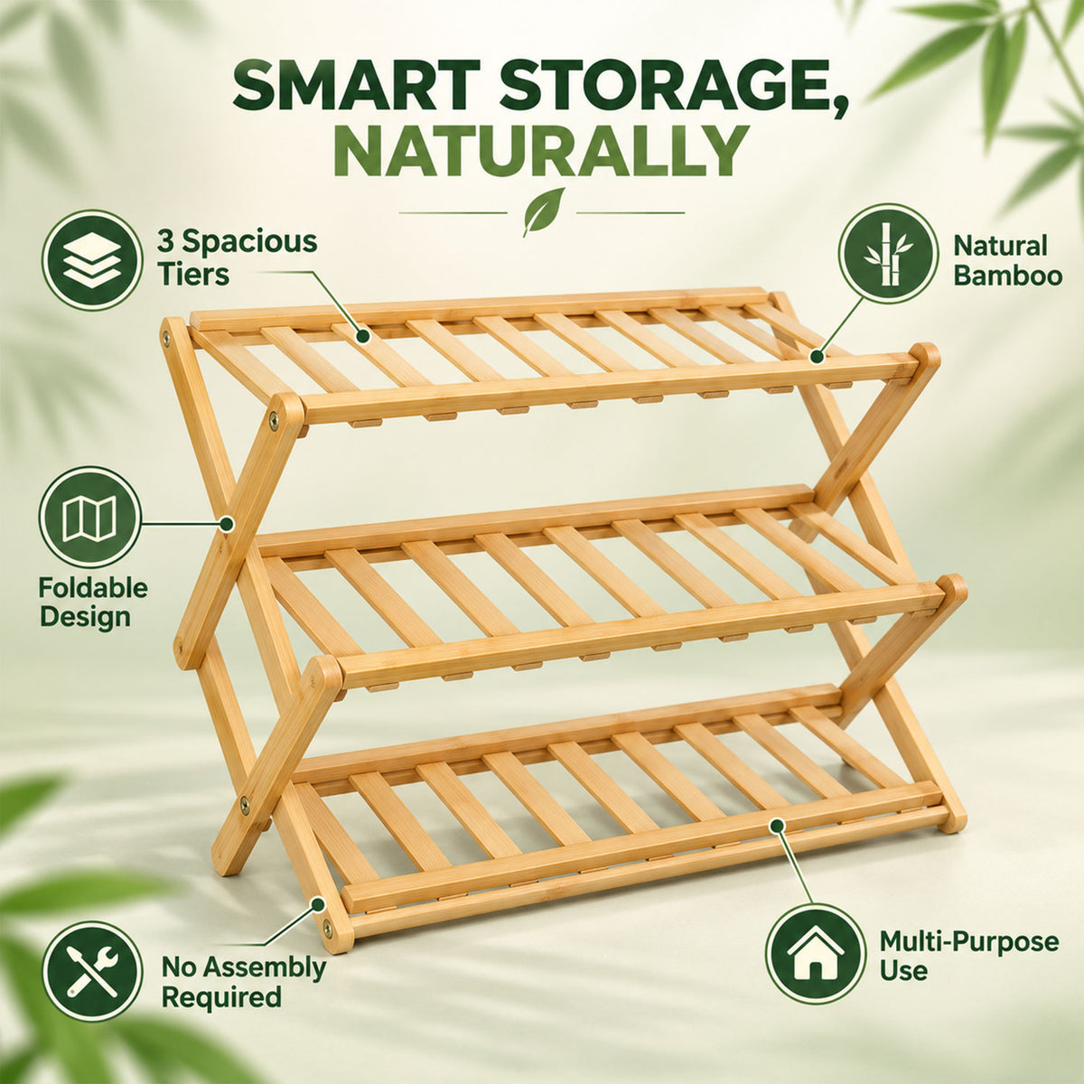 Foldable three layer bamboo storage rack - storage features