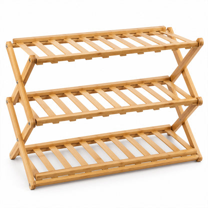Foldable three layer bamboo storage rack - white background