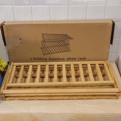 Foldable three layer bamboo storage rack - actual product and brown box