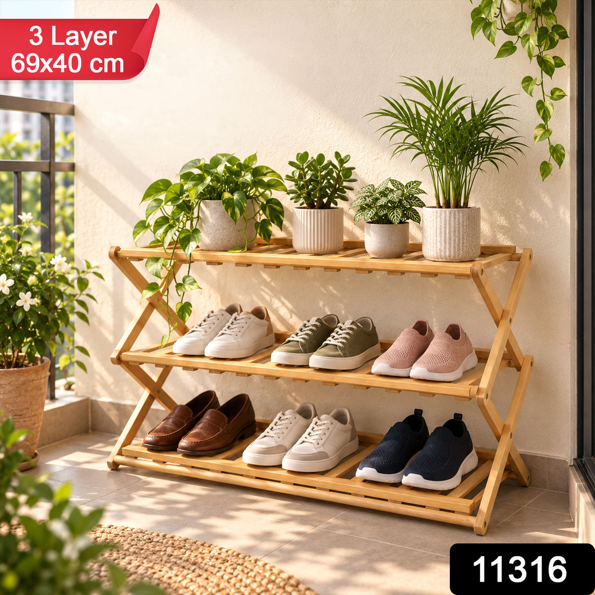 Foldable three layer bamboo storage rack - SKU and size