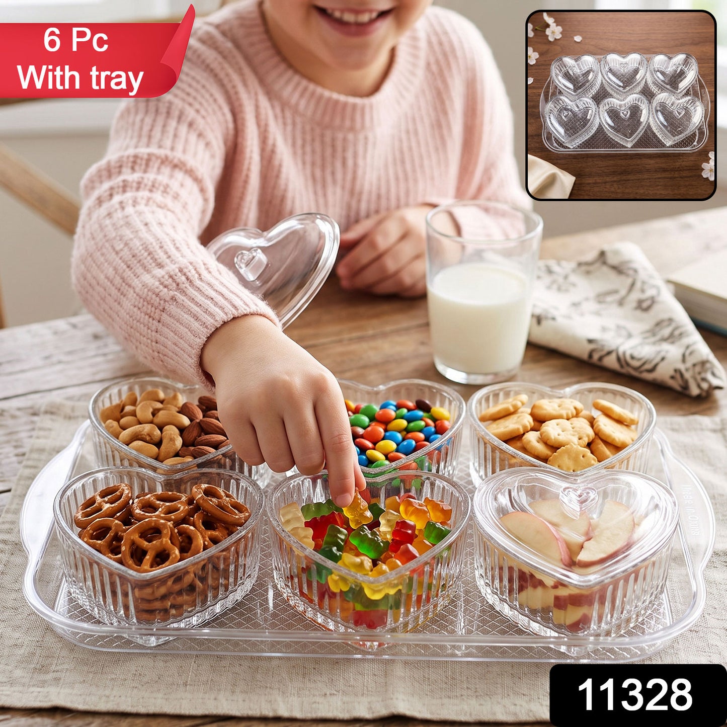 Heart Shape Dessert Bowl Set 6 Pc with Tray and Lids Serving Bowls (6 Pc Set)
