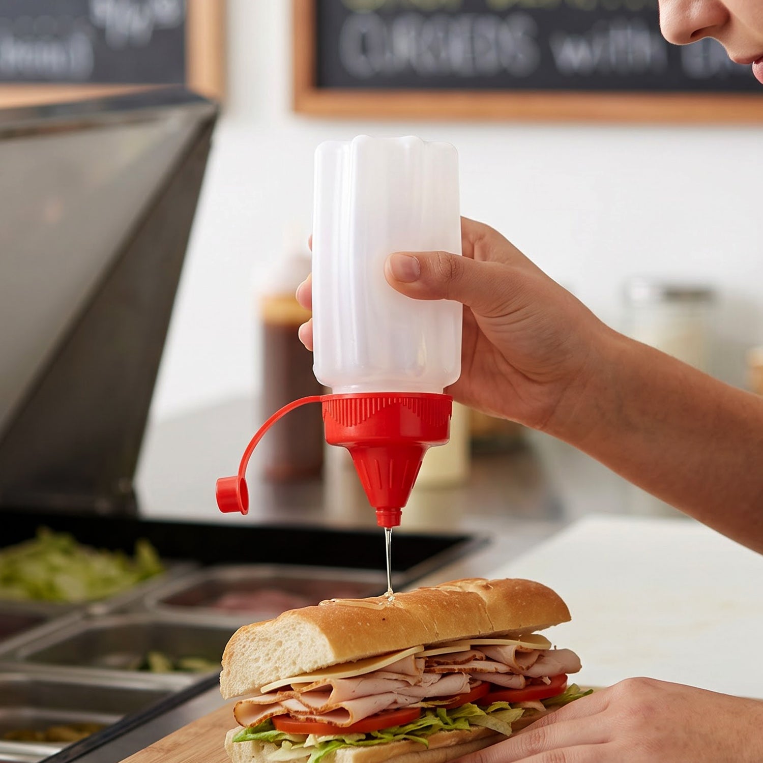 Squeeze dispenser bottle used for sandwich dressing