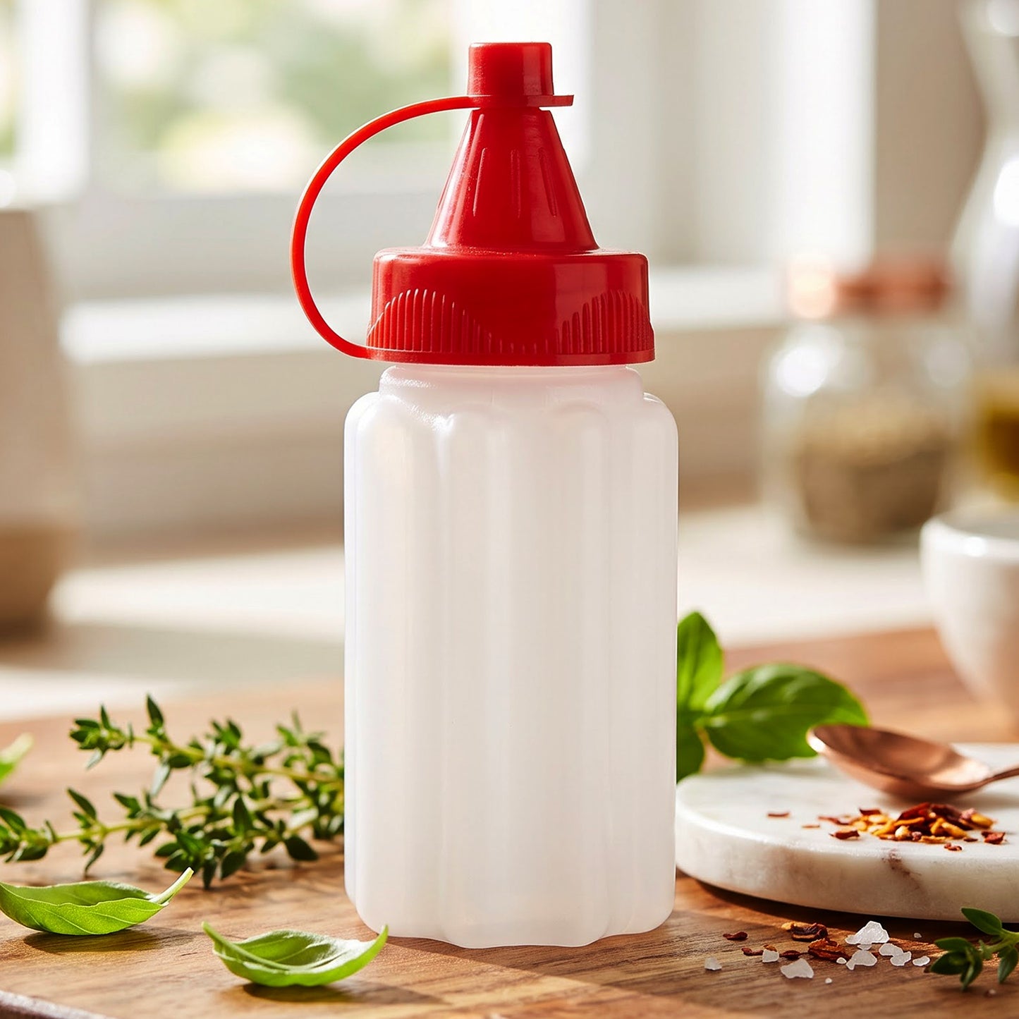 Plastic dispensing bottle standing on kitchen counter