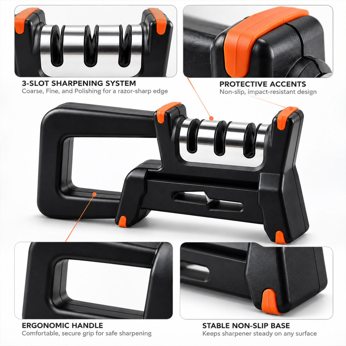 Three slot sharpening system ergonomic handle and non slip base