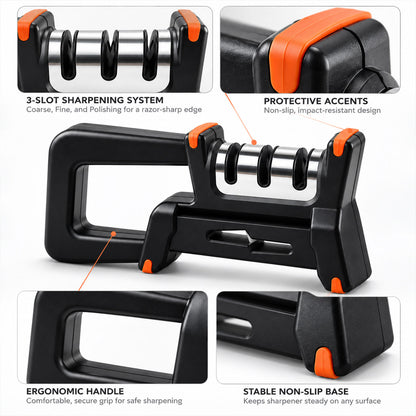 Three slot sharpening system ergonomic handle and non slip base