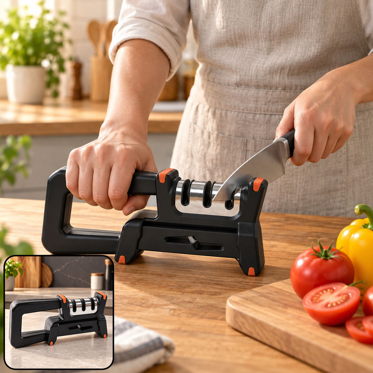 Manual three slot knife sharpener in use on kitchen counter