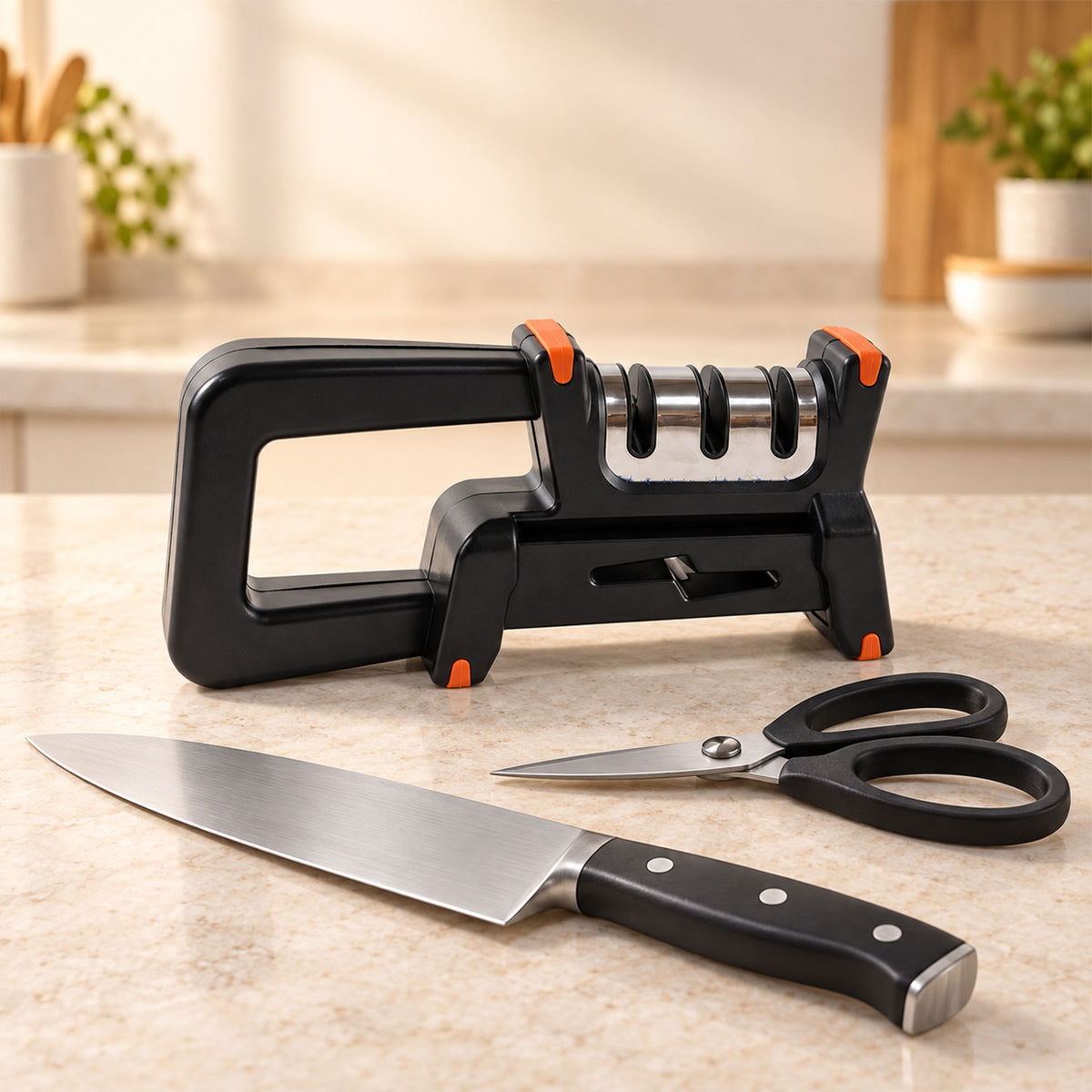 Manual knife sharpener displayed with kitchen knife and scissors