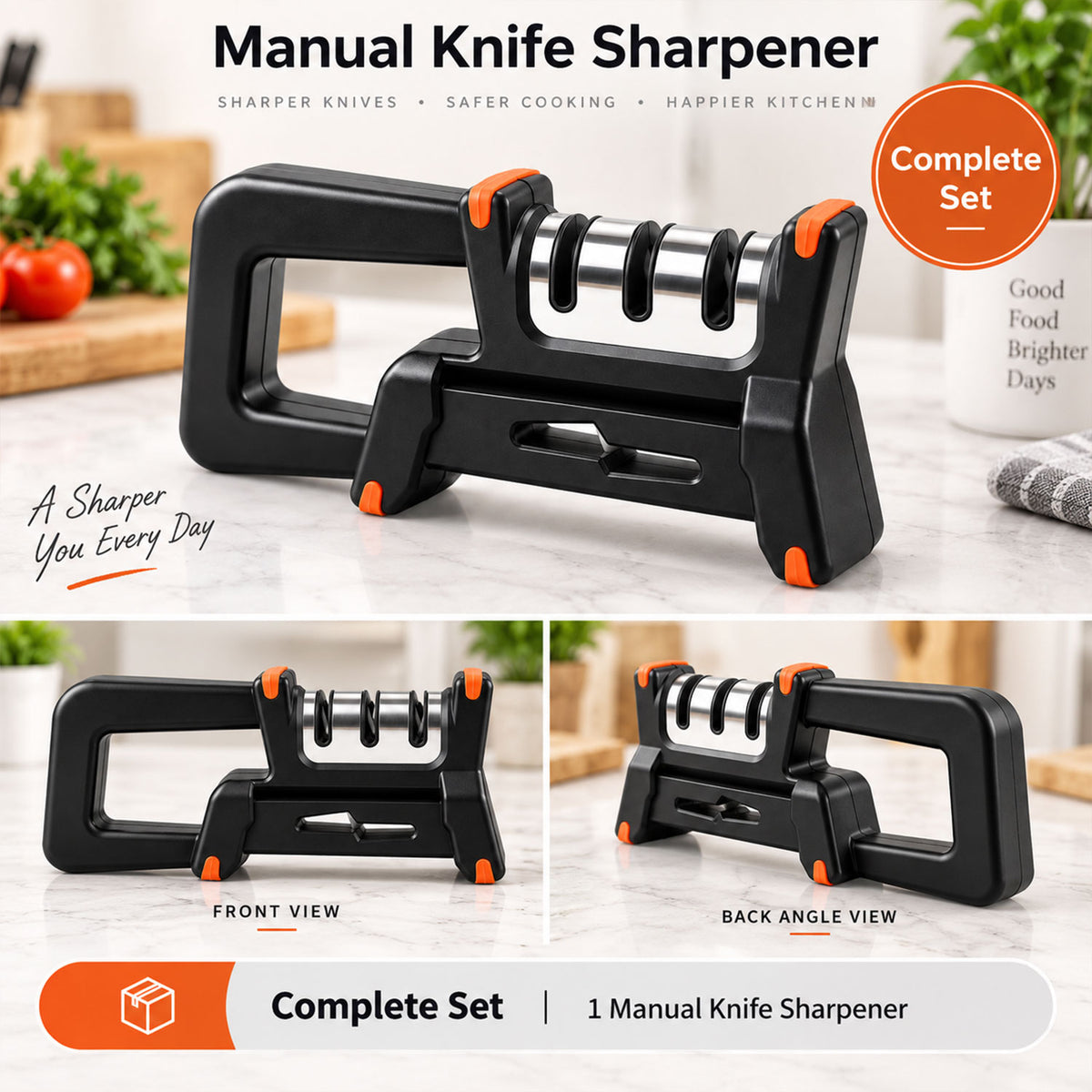 Manual knife sharpener front and back angle views
