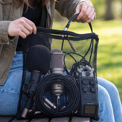 Large mesh storage bag in outdoor use