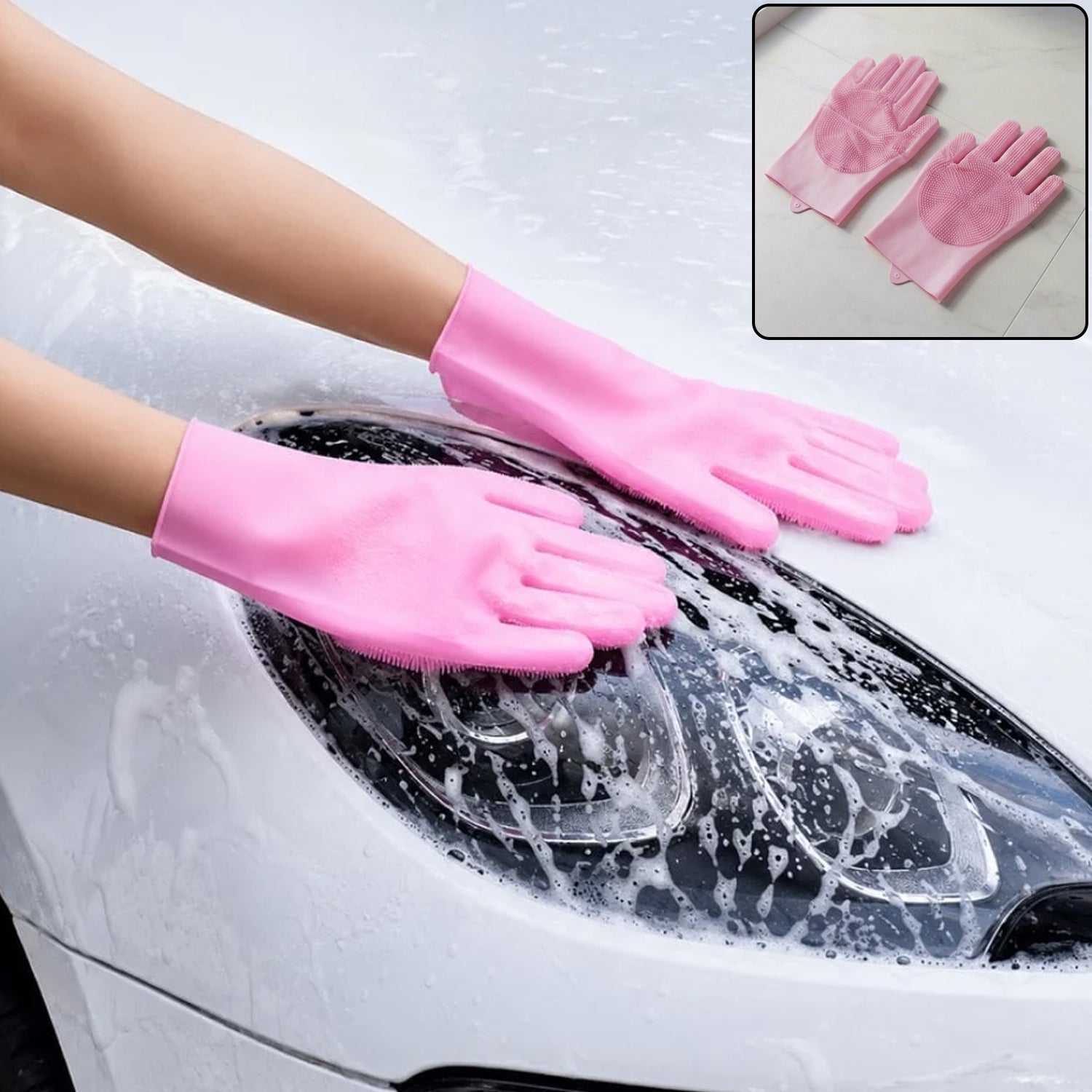 Reusable cleaning scrubber gloves in use