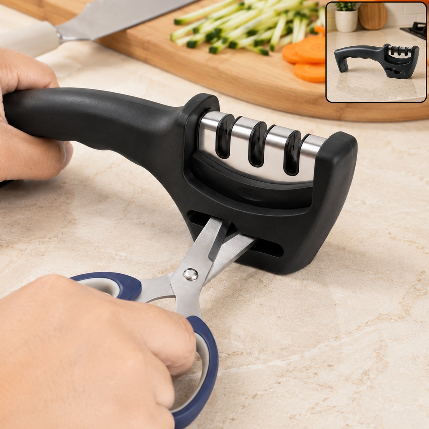 Three stage manual knife sharpener in use