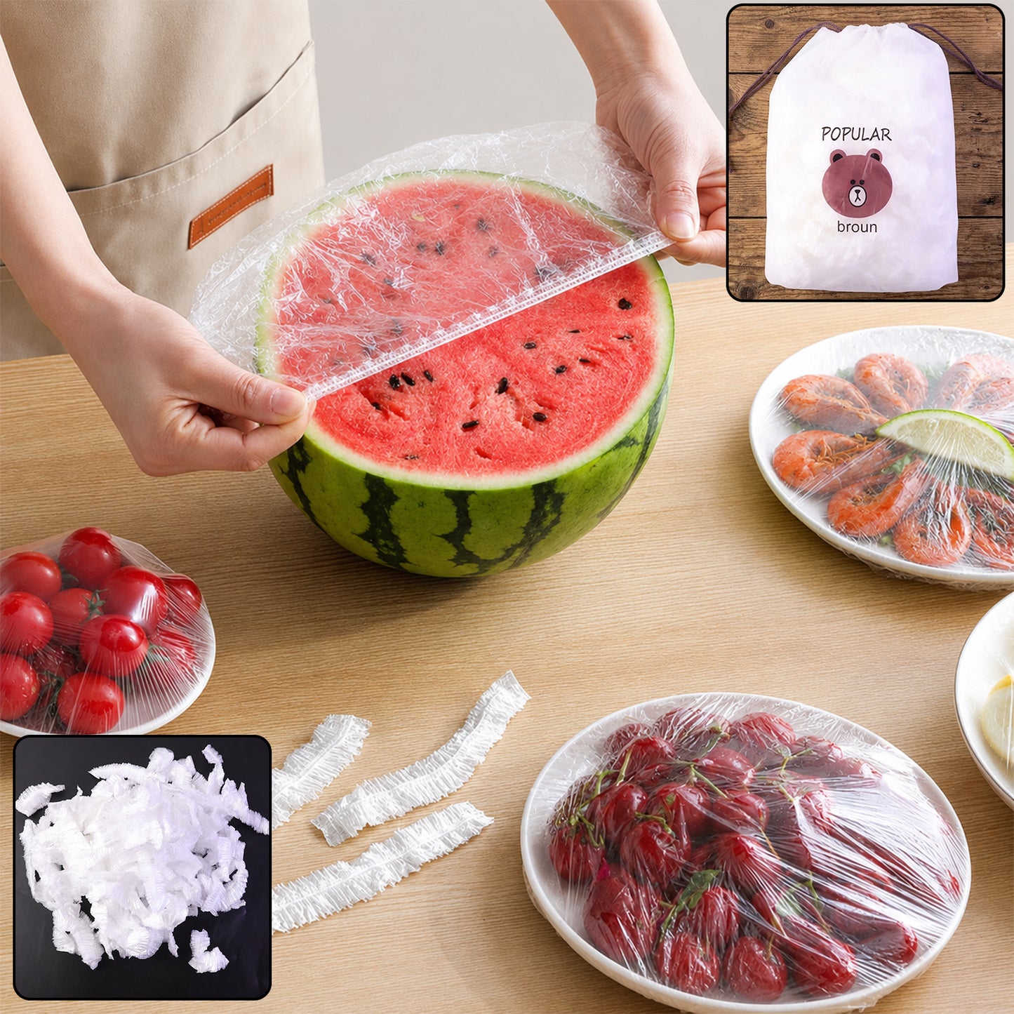 Plastic elastic food wrap bag covers in use