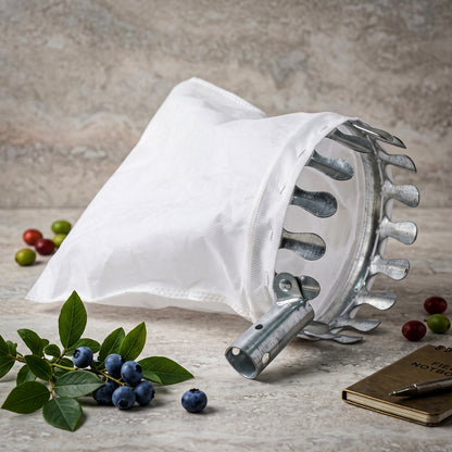 Metal fruit picker head and collection bag