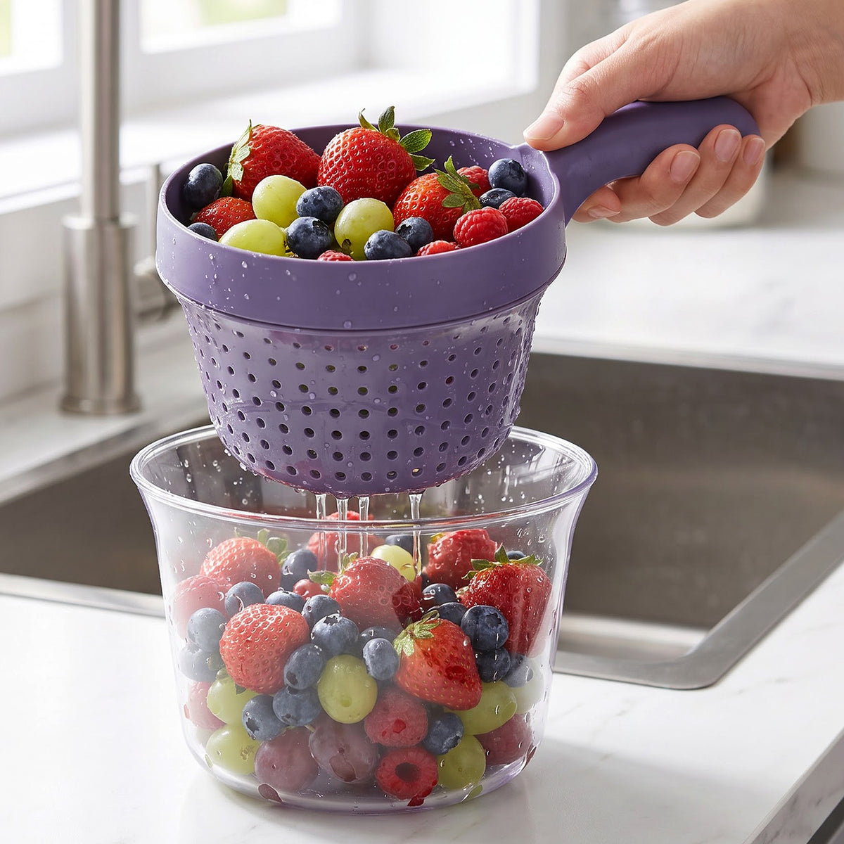 Fruit rinsing and draining basket